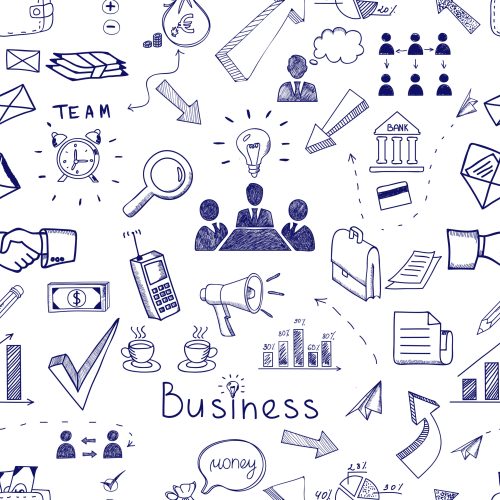 Doodle sketch business icon seamless pattern with financial  teamwork  management  graphs and charts  handshake  brainstorming  documents and mail icons scattered randomly on white