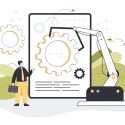 Man and digital era algorithm of AI. Social system of 21st century and workforce challenge flat vector illustration. Smart business process, human resources automation, artificial intelligence concept