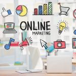digital composite of marketing graphics with office background